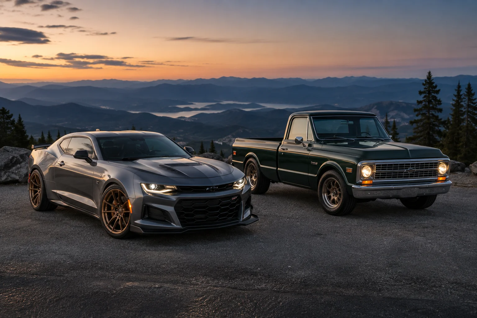 A silver sports coupe and a green classic pickup at a mountain overlook at dusk.